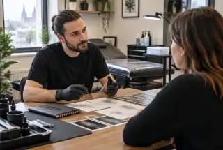 Tatoueur et cliente discutant d’un projet dans un salon de tatouage propre et professionnel à Rennes